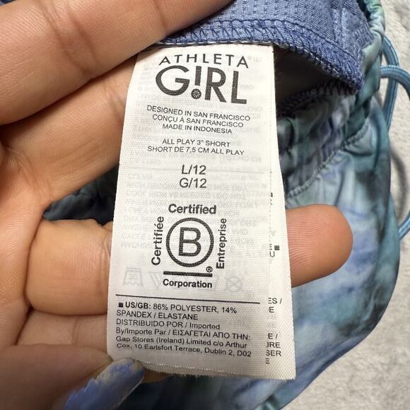 Athleta Girl Shorts SZ L Blue Green Tie Dye All Play 3 Inch Athletic Stretch Run - Picture 7 of 8